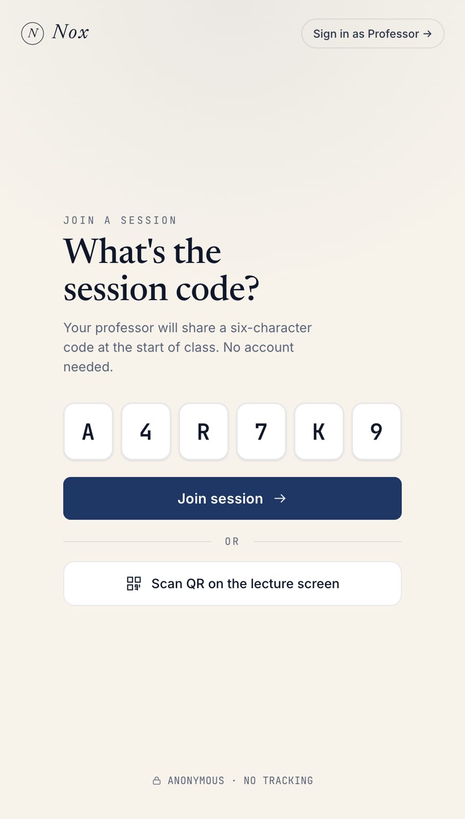 The student join screen asking for a six-character session code